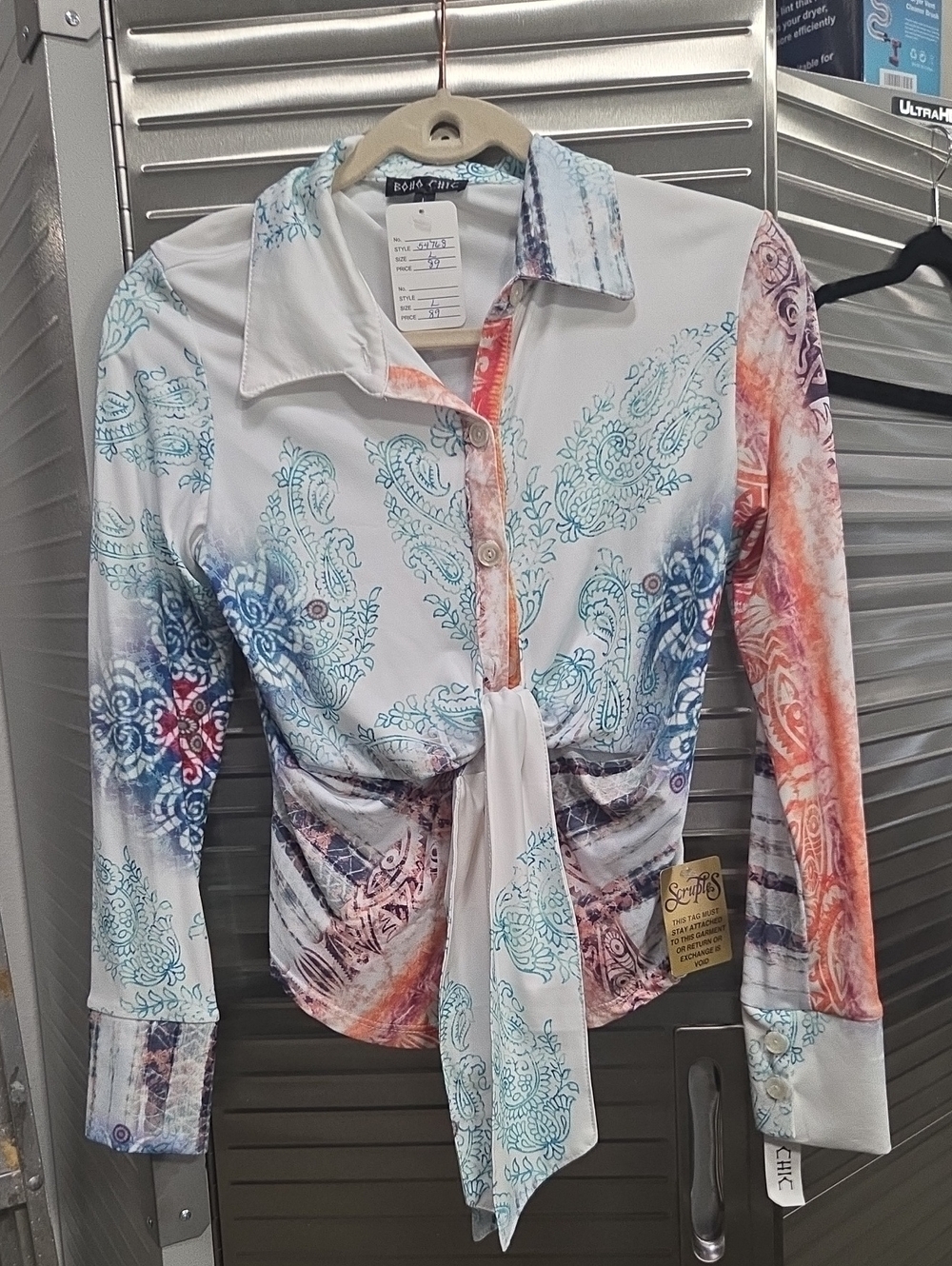 Boho Tie-Front Button Shirt - White Multicolor Paisley